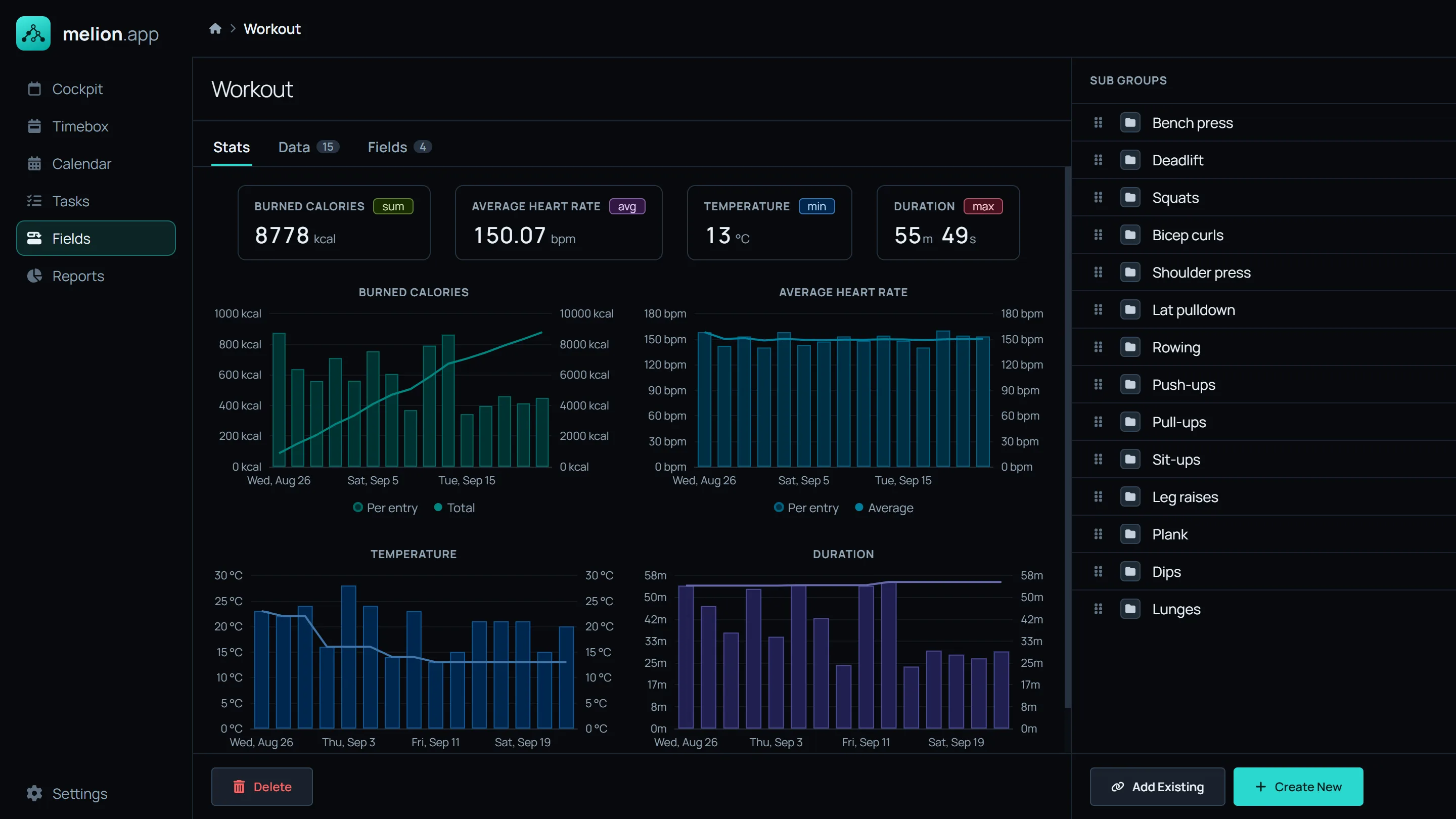 A workout group with distance, duration and heart rate charts