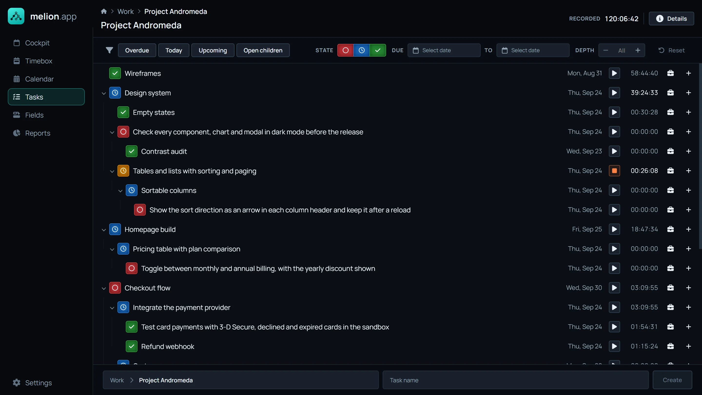 A project as a tree of tasks and subtasks